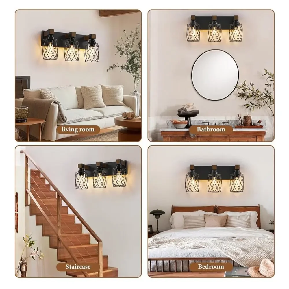 XvmBvm 3 Light Farmhouse Vanity Light Rustic Wood Black Metal E26